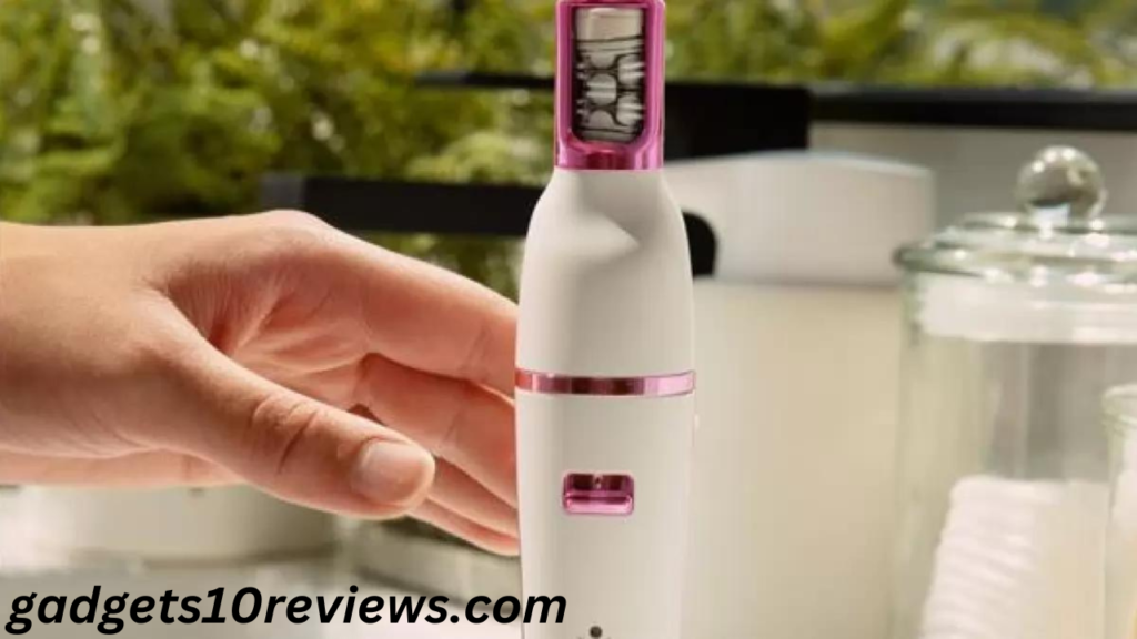 Pluxy device for facial hair removal, showcasing her smooth, hair-free skin.