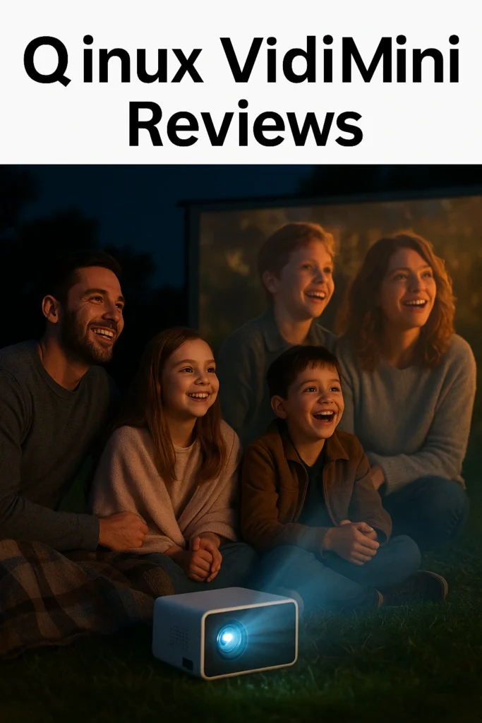 A Family Is Watching And Enjoying The Movie On Qinux VidiMini Projector.