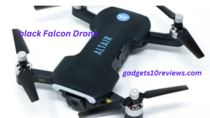 Black Falcon drone soaring gracefully in the clear blue sky, capturing stunning aerial footage