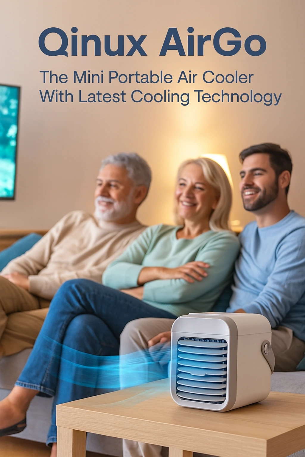 Many People Are Watching Tv In A Bedroom And Enjoying A Fresh Breeze of Qinux Airgo Portable Air Cooler.