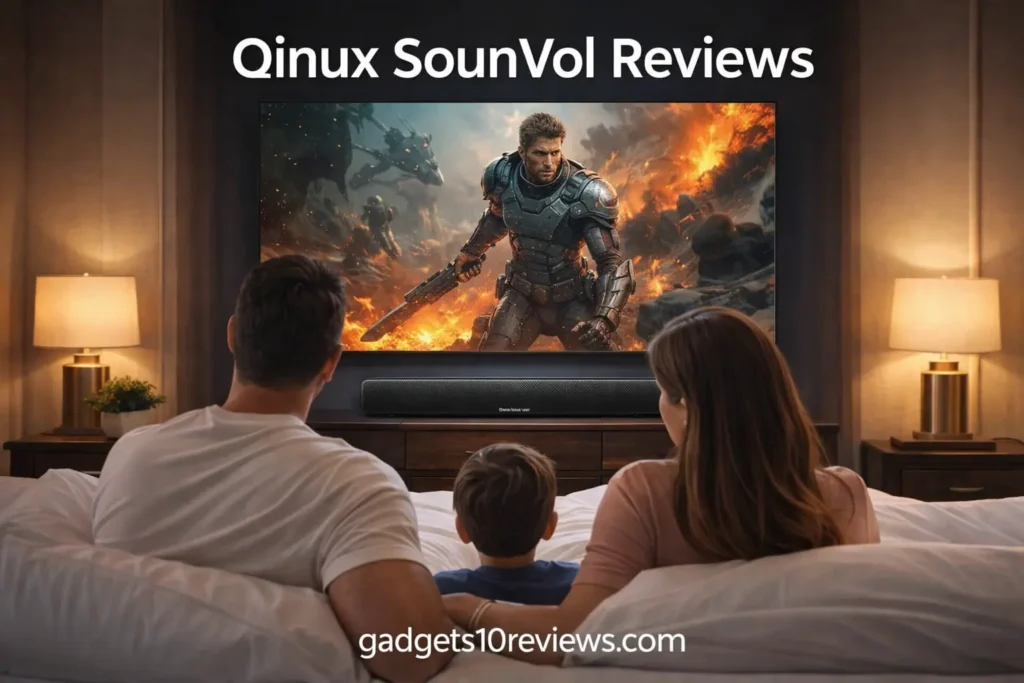 Family enjoying movie night with Qinux SounVol soundbar in luxury bedroom – immersive home theater audio.
