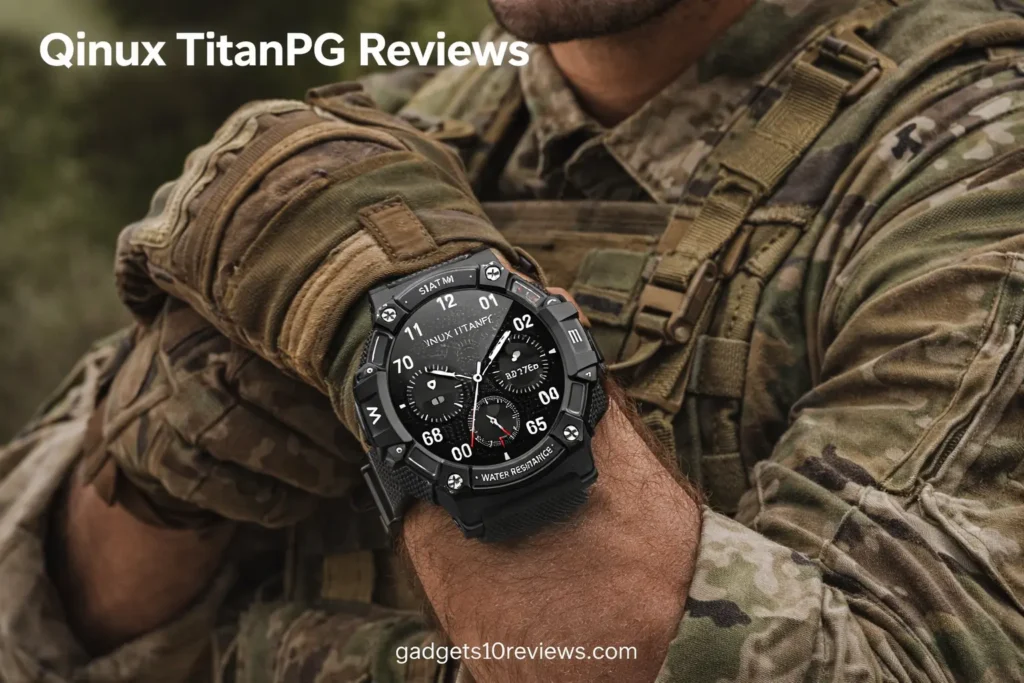 Qinux TitanPG military smartwatch on soldier’s wrist – bold & rugged design.