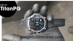 Qinux TitanPG military smartwatch showcased in black, gold, blue, and silver casings. The smartwatch's robust design and features include shock resistance, submersibility up to 5m, real-time health monitoring, and advanced sports tracking.