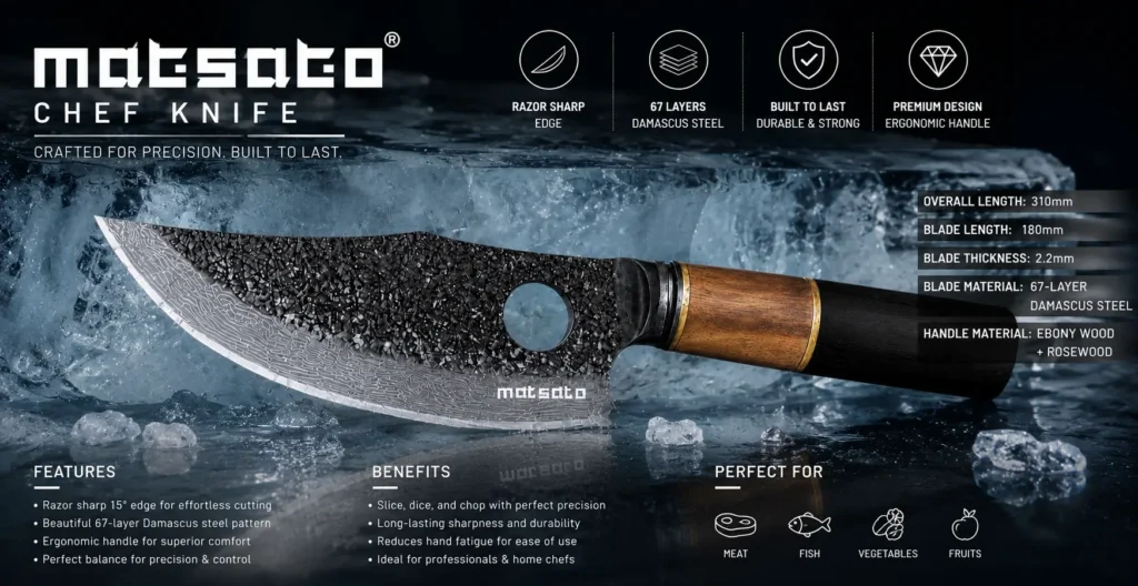 Matsato Chef Knife featured image showing premium Damascus steel blade, razor-sharp edge, ergonomic wooden handle, key features, benefits, and specifications for professional kitchen use.