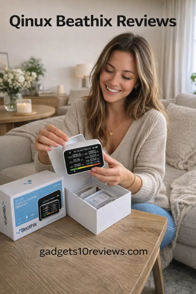 Smiling woman reviewing Qinux Beathix smart CO2 air quality detector.
