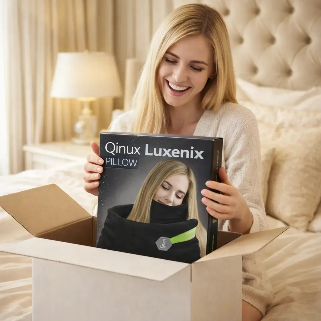Woman happily unboxing Qinux Luxenix Pillow.