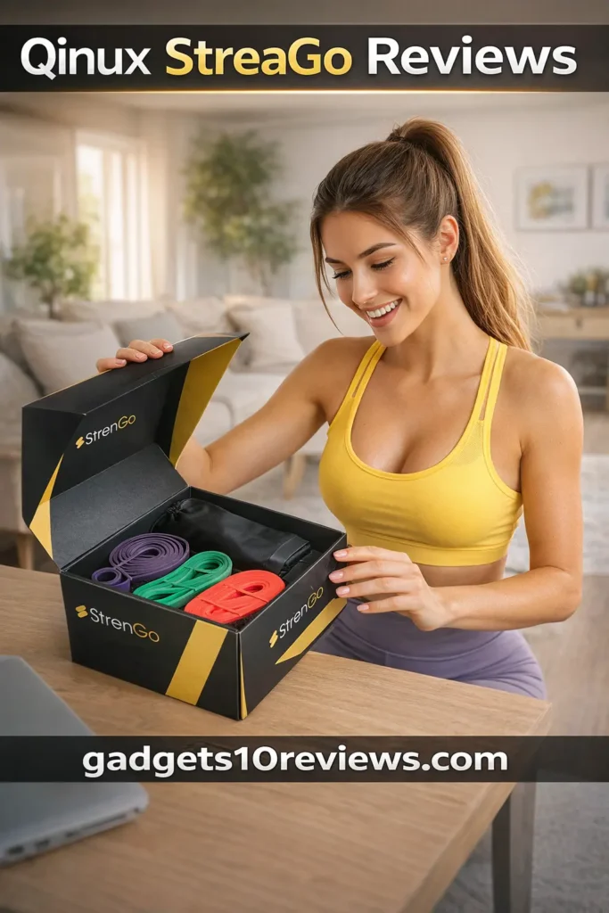 Happy woman unboxing Qinux StrenGo resistance bands set – Qinux StreaGo reviews 4K image for gadgets10reviews.com