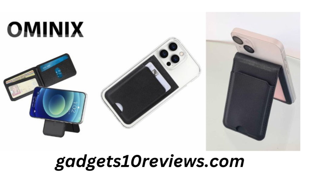 The photograph shows the Qinux Ominix wallet with magnetic closures and mobile phone holder attached to a cellular device.