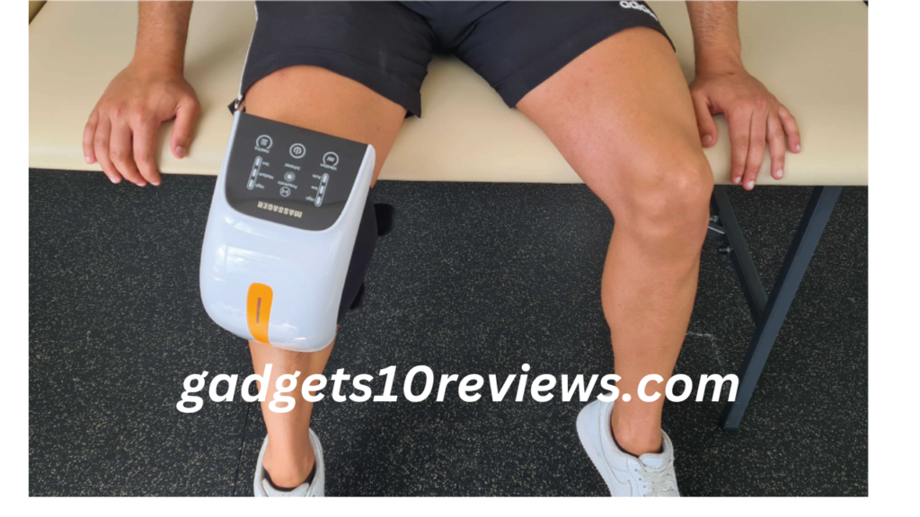 An image showcasing Qinux Kneessa, the electric knee massager, with adjustable straps and a large LED touch screen control panel for customizable heat and vibration therapy.