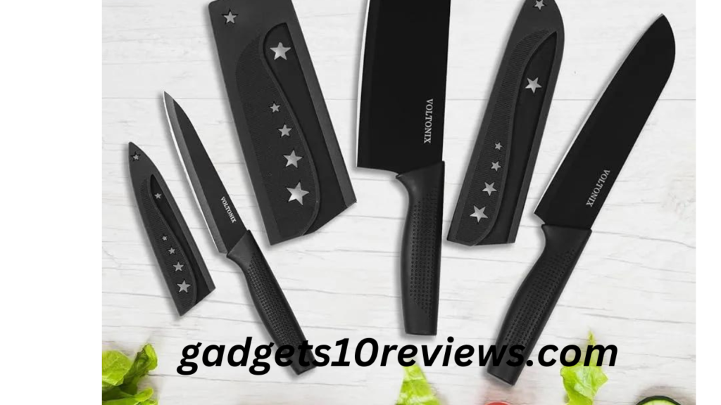 A set of sleek and modern kitchen knives arranged neatly on a countertop. Each knife features ergonomic handles and precision blades, making them the perfect tools for any culinary task.