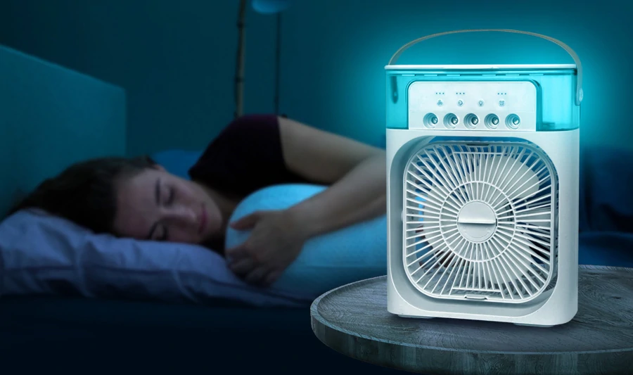 FREEZE-BREEZE air cooler emitting a soothing blue ambient light, perfect for a relaxing atmosphere