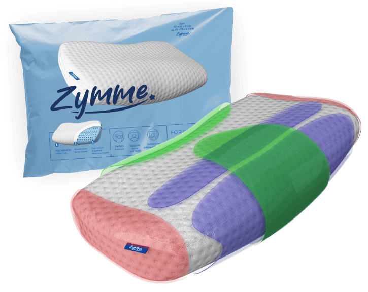 Zymme Pillow featuring advanced memory foam with ergonomic design for personalized neck and back support, suitable for all sleep positions.