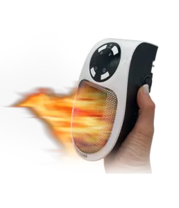 QuikHeat Pro portable heater placed on a desk, showcasing its compact design and quick heating capabilities for small rooms.