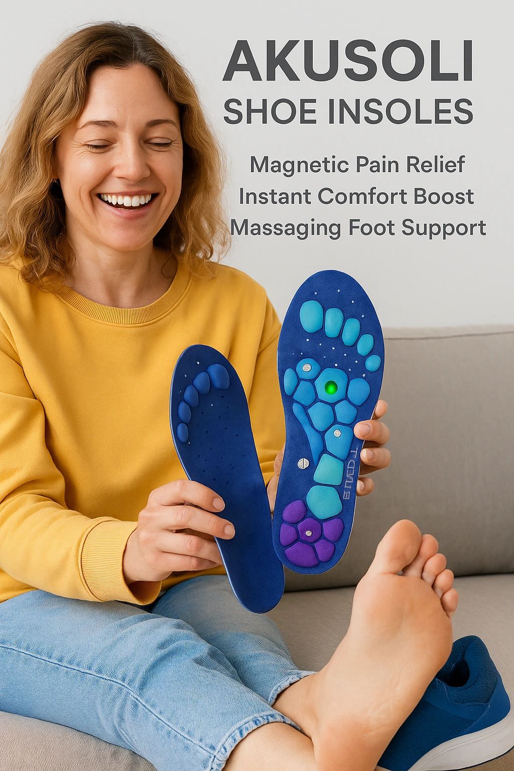 Akusoli Shoe Insoles- A Women Is looking happy After using Akusoli Shoe Insoles