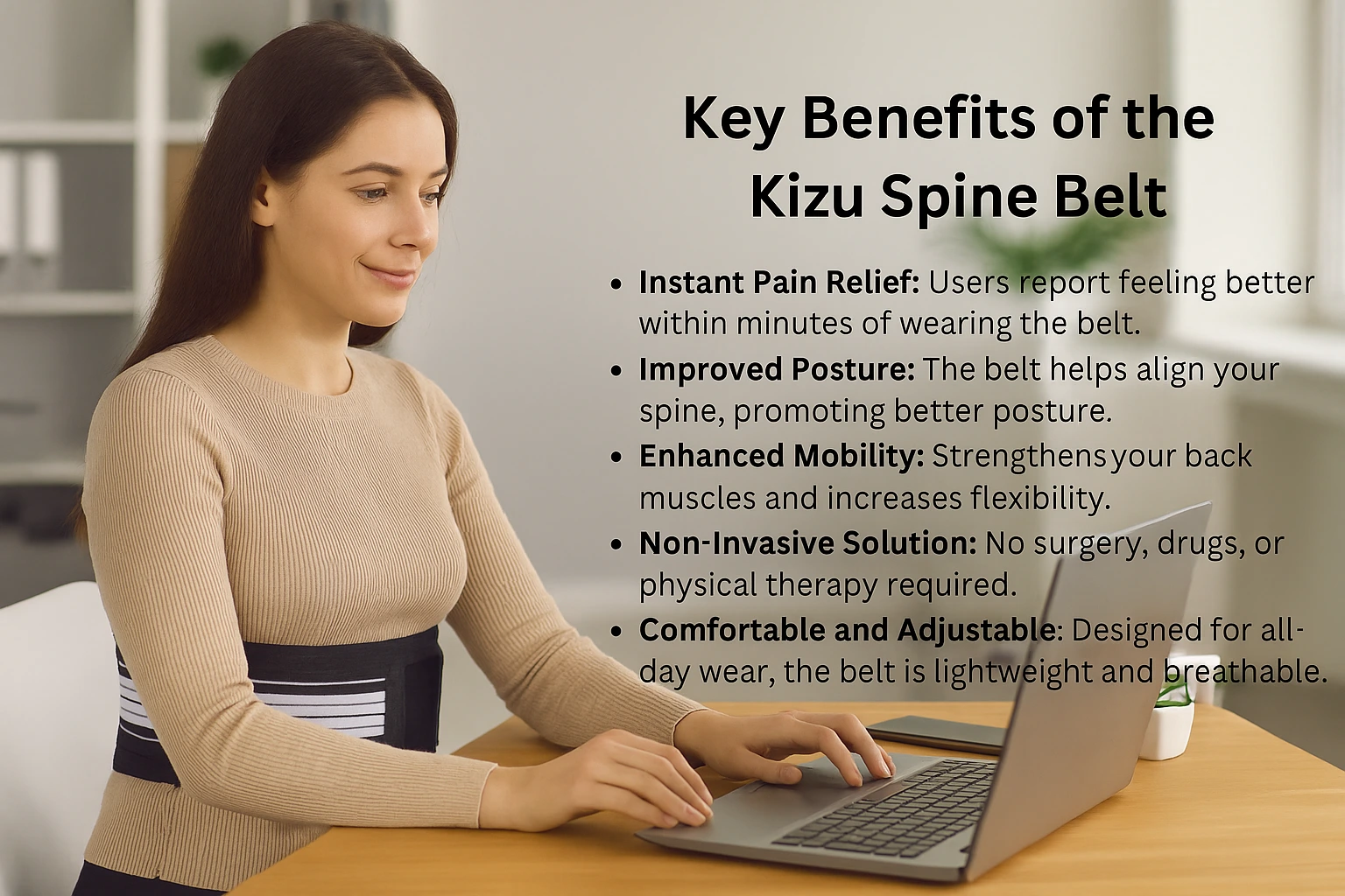 A Beautiful Girl Is Wearing Kizu Spine Belt And Also Working on Her Laptop, And looking Healthy and Happy With kizu Spine Belt.