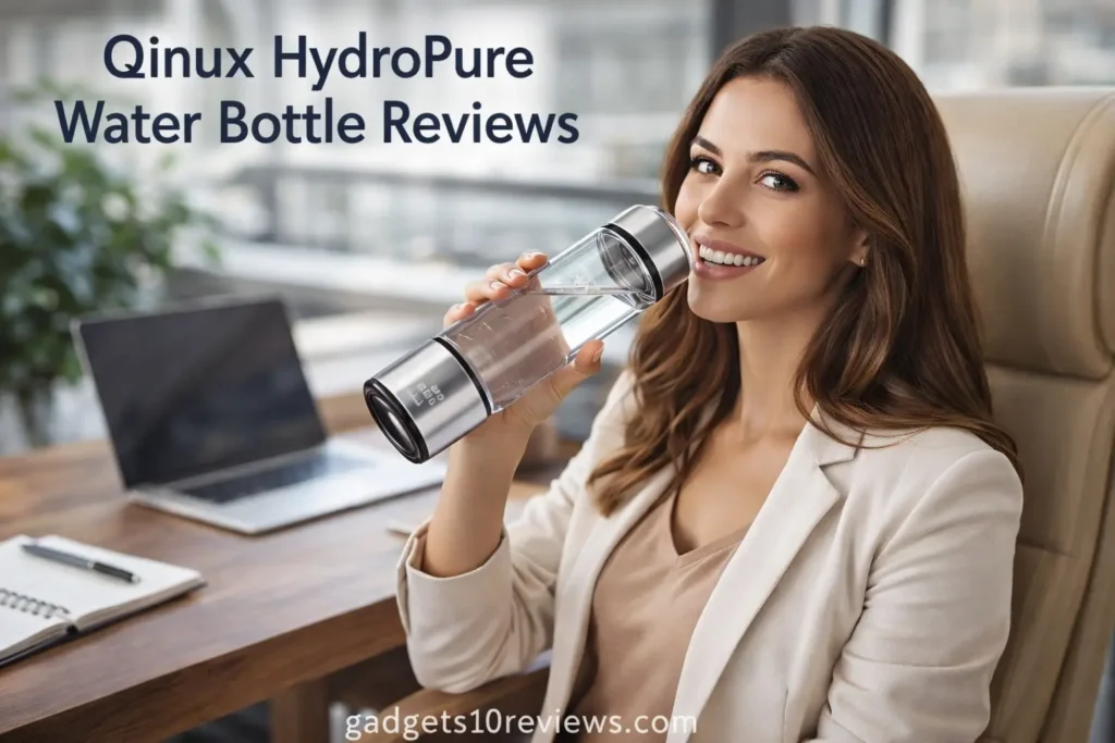 Confident businesswoman drinking from Qinux HydroPure water bottle in premium office.