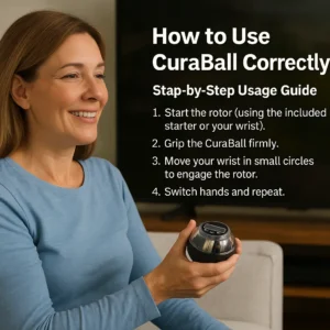 A middle-aged woman sits comfortably on a couch watching TV while using the CuraBall hand therapy device. She moves her wrist in circular motions with a relaxed smile, demonstrating the step-by-step usage guide for effective hand and wrist exercise.