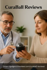 A middle-aged male doctor wearing glasses and a white coat recommends the CuraBall hand therapy device to a female patient, who is holding the device and smiling.