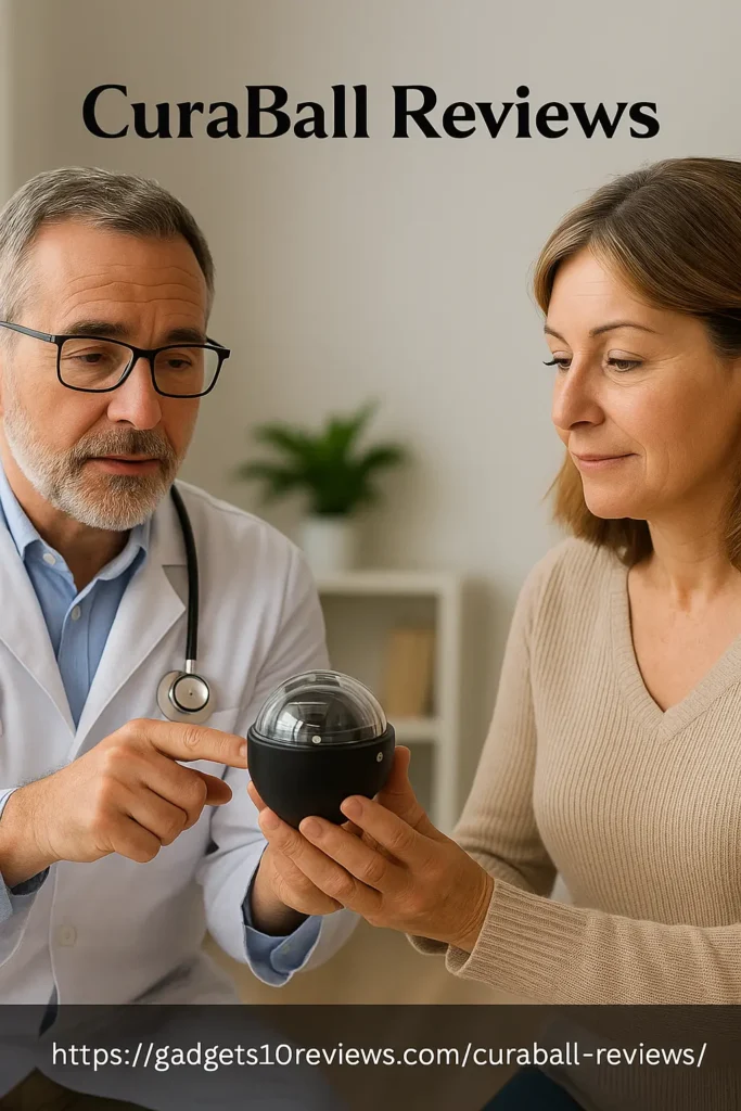 A middle-aged male doctor wearing glasses and a white coat recommends the CuraBall hand therapy device to a female patient, who is holding the device and smiling.