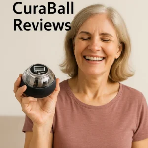 A middle-aged woman Using This CuraBall, looks Healthy And happy After Using The CuraBall And Showing To People Happily.