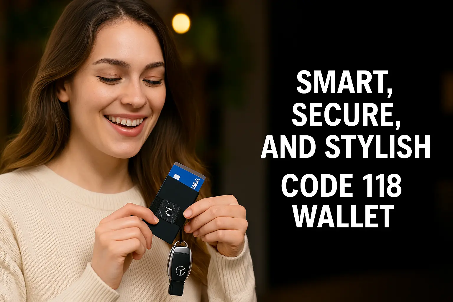 A smiling young woman holding a sleek black Code 118 Wallet in one hand while standing outdoors. She appears happy and stylish, showcasing the wallet with visible credit cards partially extended. The scene emphasizes modern lifestyle and tech-savvy convenience, perfect for promotional use on a WordPress website.
