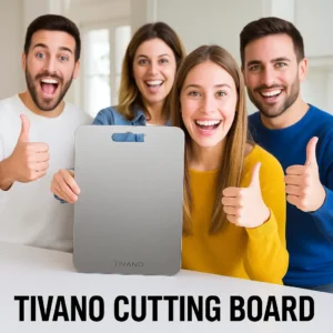 Tivano Cutting Board on kitchen counter, knife slicing vegetables on Tivano board, Many People Are Suggesting tivano Cutting Board With happy Faces