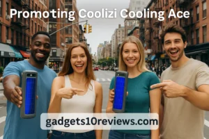 A bunch Of People Are looking Happy And Promoting The Coolizi Cooling ACe Portable Air Cooler