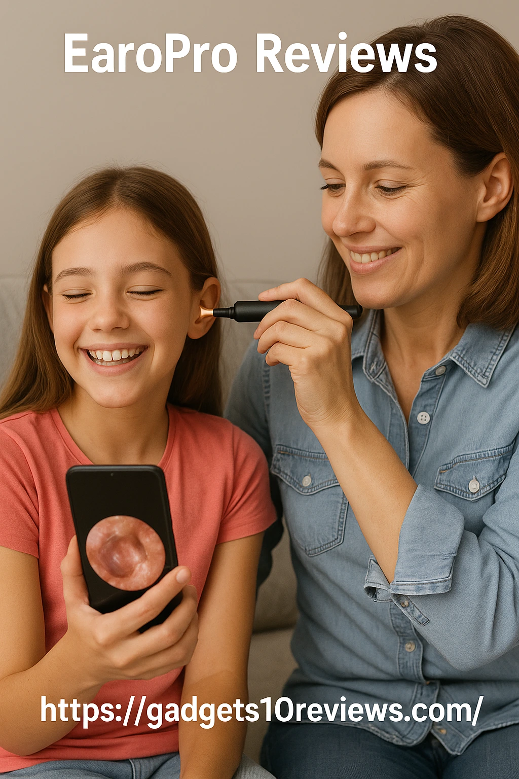 Mother using EaroPro device to clean daughter’s ear while viewing live visuals on smartphone, daughter smiling happily – EaroPro Reviews