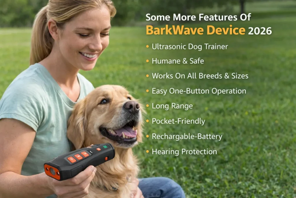 Woman in a park holding BarkWave ultrasonic dog trainer while sitting with her dog, showcasing BarkWave Device 2026 features like humane training, long range, rechargeable battery, and easy one-button operation. 🐶📡