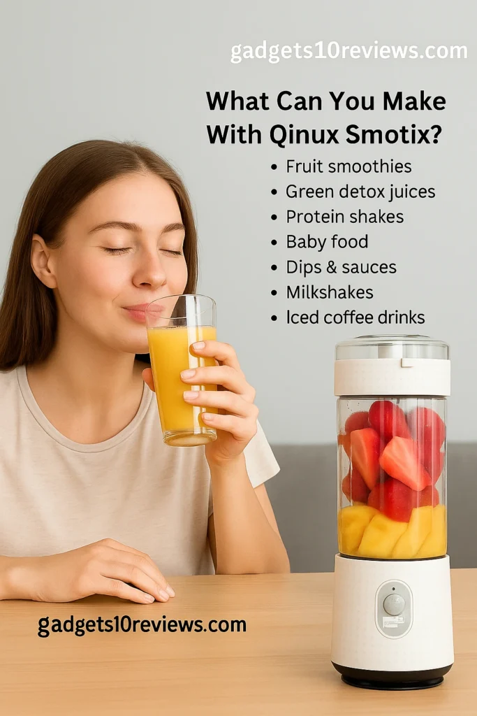 A Beautiful Women Is Enjoying The Smoothie Drink In The Glass made With Qinux Smotix.