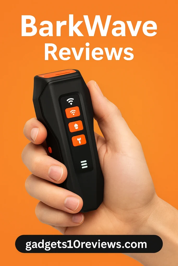 Hand holding the BarkWave ultrasonic dog training device with orange buttons, featured on a bright orange background with the text 'BarkWave Reviews' and website URL gadgets10reviews.com – ideal for humane dog behavior correction.