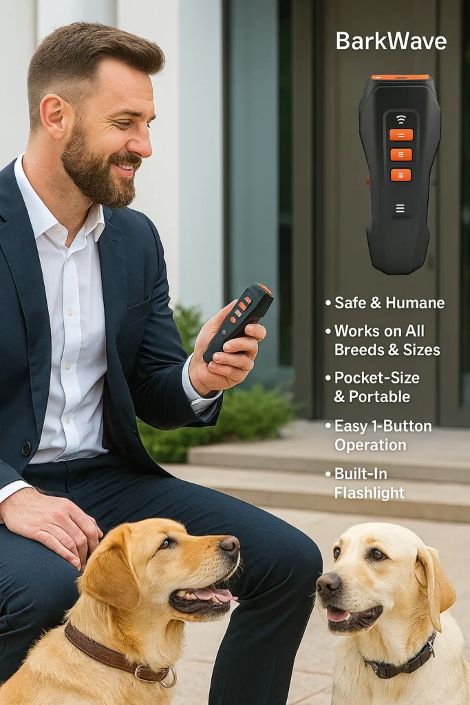 In The Picture A Rich And Wealthy Men is Giving The Training To Their Two Dogs With BarkWave Device.