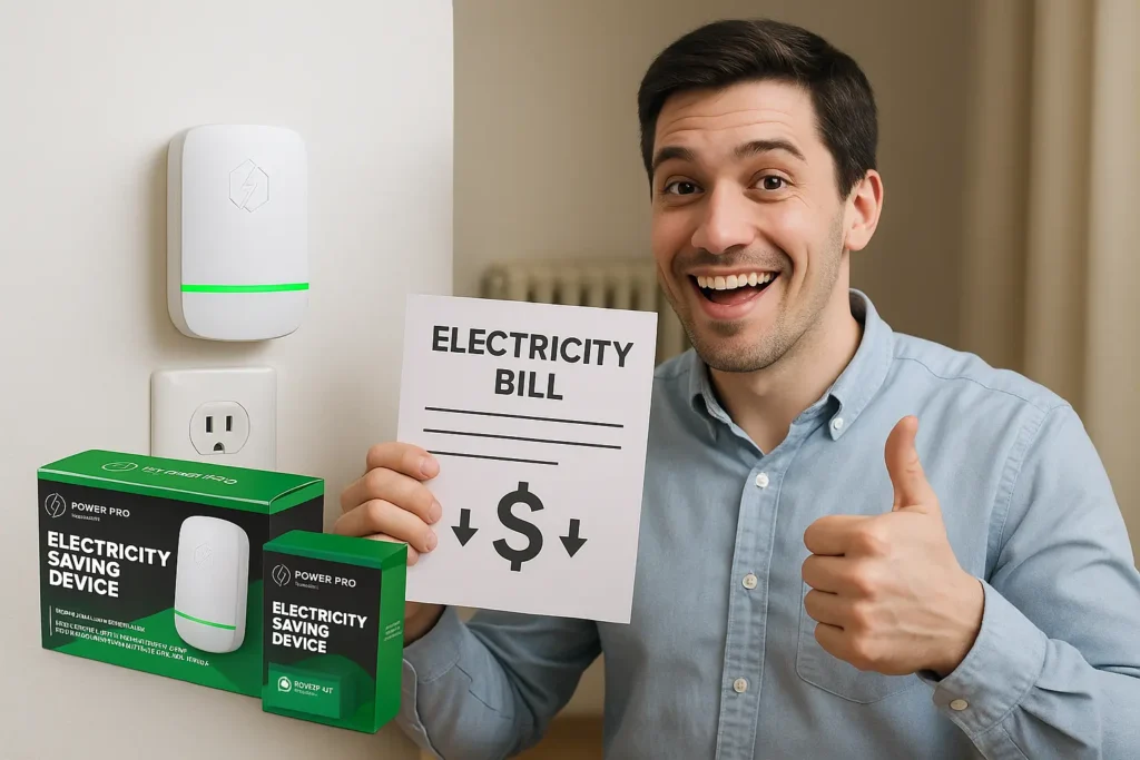 Happy man showing reduced electricity bill with Power Pro Genius electricity saving device plugged in wall socket – proven energy saver for lowering power costs