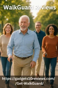A Group Of Aged People's Are Walking Perfectly And Smiling In The Morning With The Help Of WalkGuard.