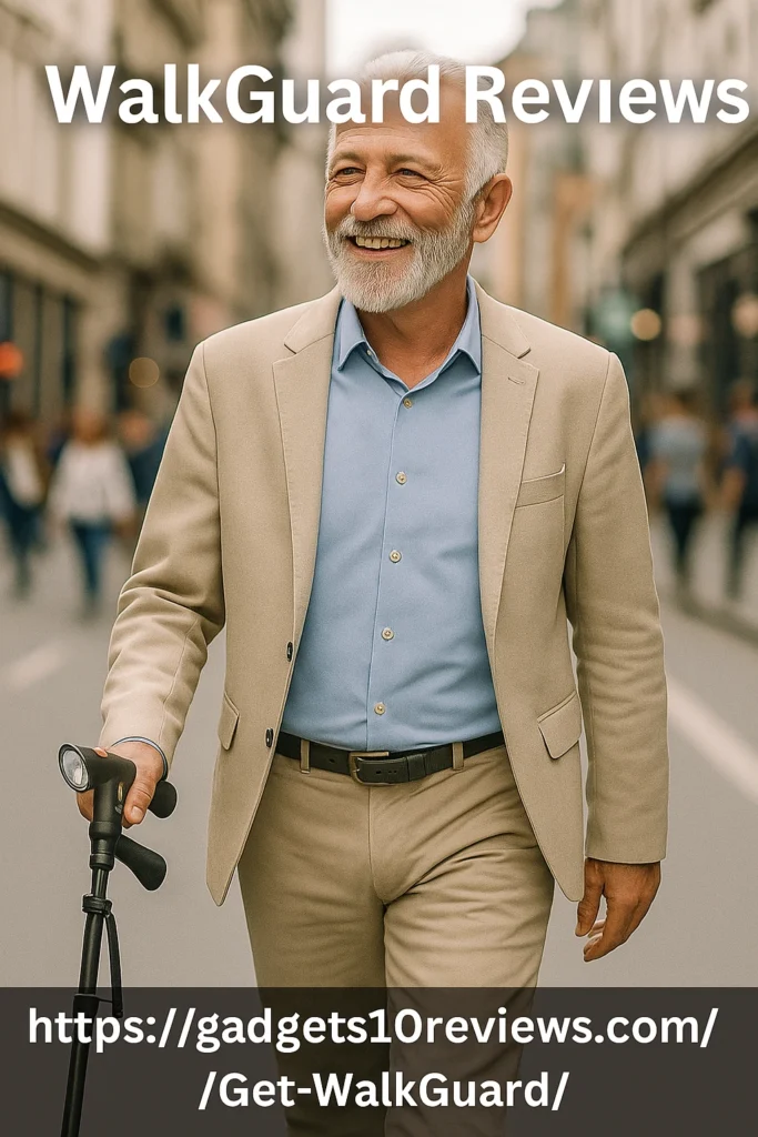 A Aged Men is Walking Confidently In The USA Street With The Help Of WalkGuard. 