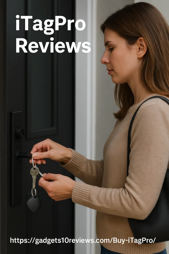 A Women is locking Her House Main Door With iTagPro Device.