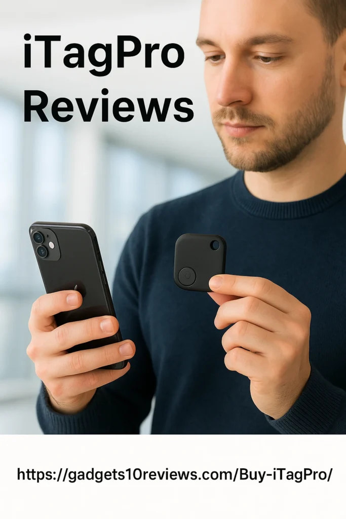 Man connecting iPhone to iTagPro GPS tracker device – iTagPro reviews with purchase link