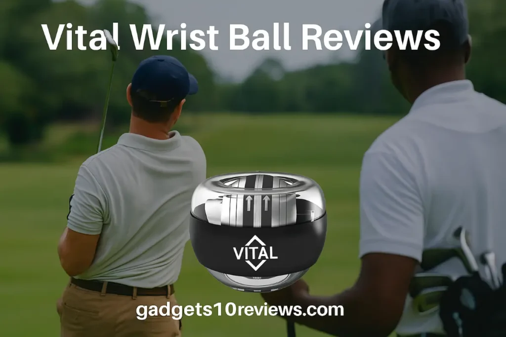 Vital Wrist Ball Reviews – Adult golfer swinging on a golf course while caddie holds the Vital Wrist Ball, promoting hand strength and grip training device – gadgets10reviews.com
