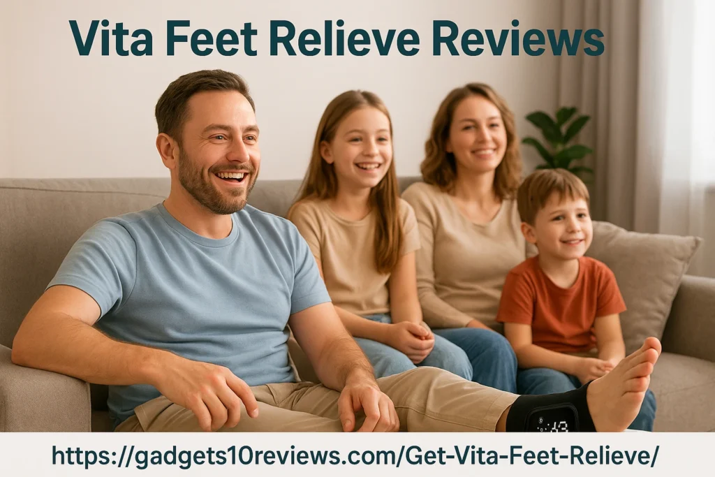 Happy family watching TV while father uses Vita Feet Relieve device for neuropathy and circulation relief.