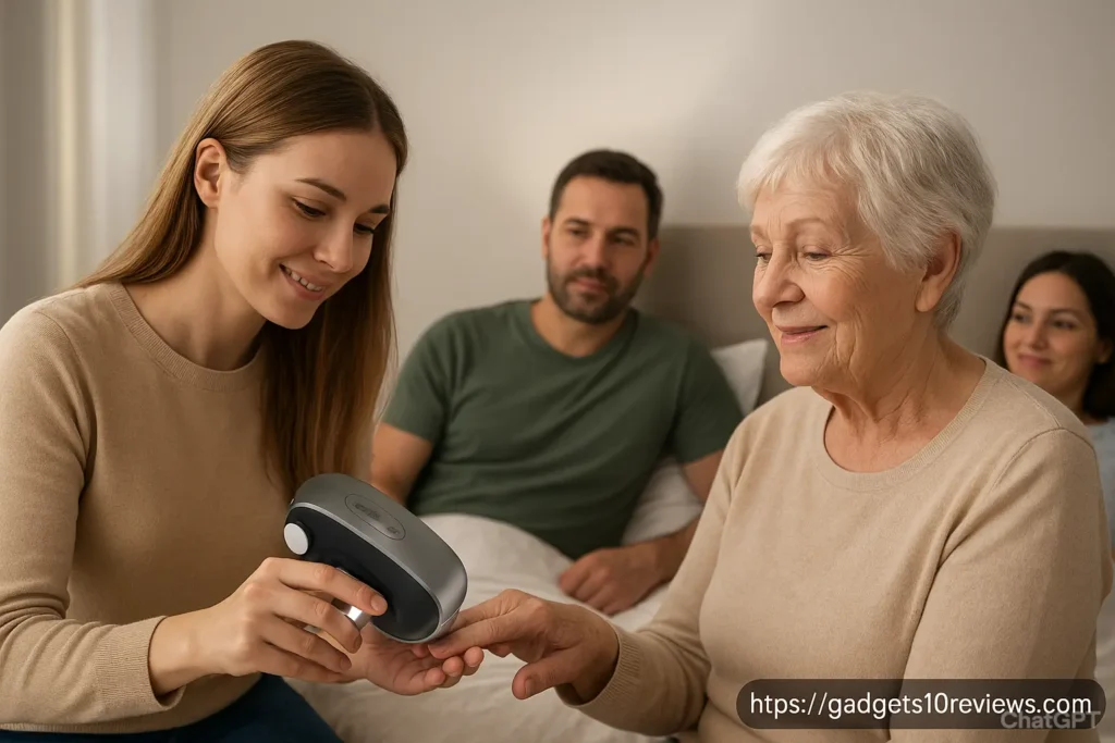 Young woman using the Hewelth EasyClip Smart Nail Clipper to gently trim an elderly woman’s nails in a cozy bedroom setting, showcasing safe, effortless, and precise nail care with family support — https://gadgets10reviews.com