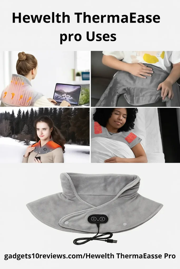 People using the Hewelth ThermaEase Pro heating pad in different settings for neck, shoulder, and body pain relief — gadgets10reviews.com.