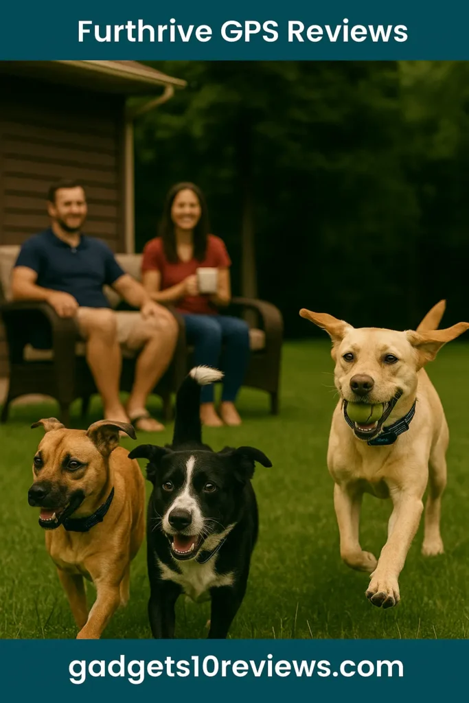 Furthrive GPS Reviews – Happy dogs wearing Furthrive GPS collars playing in a garden while their owners relax, showcasing pet safety and freedom outdoors.