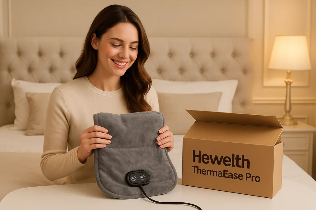 Beautiful woman unboxing Hewelth ThermaEase Pro heating pad in a luxury bedroom, feeling happy and satisfied with her new relaxation device.