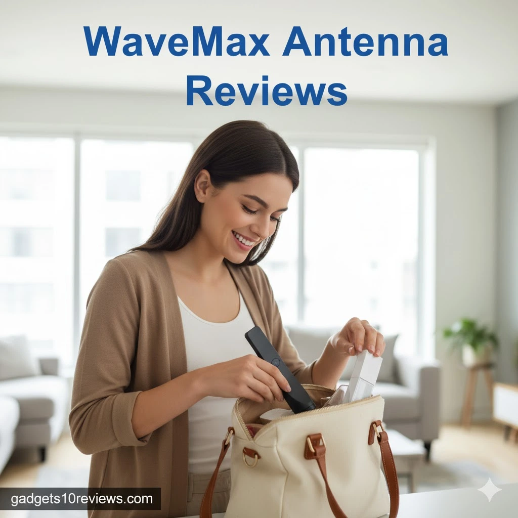 Woman happily putting a WaveMax Antenna into her handbag, with 'WaveMax Antenna Reviews' and 'gadgets10reviews.com'