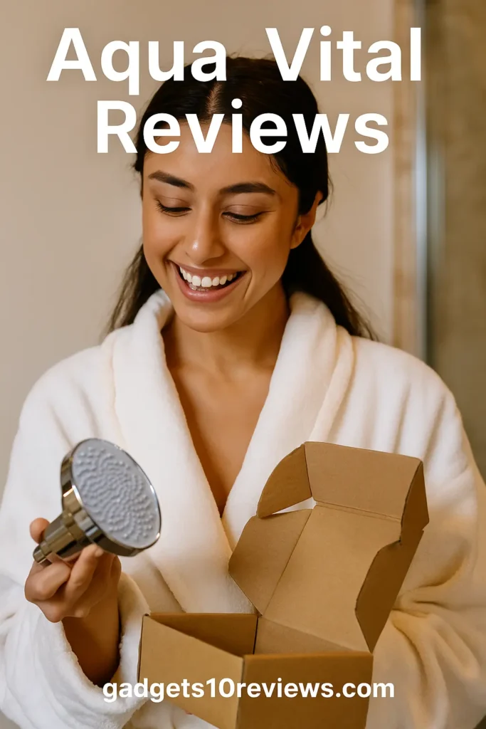 A Women Is Unboxing The Aqua Vital Shower After Receiving It And Looking happy & Smiling After Seeing The Shower.