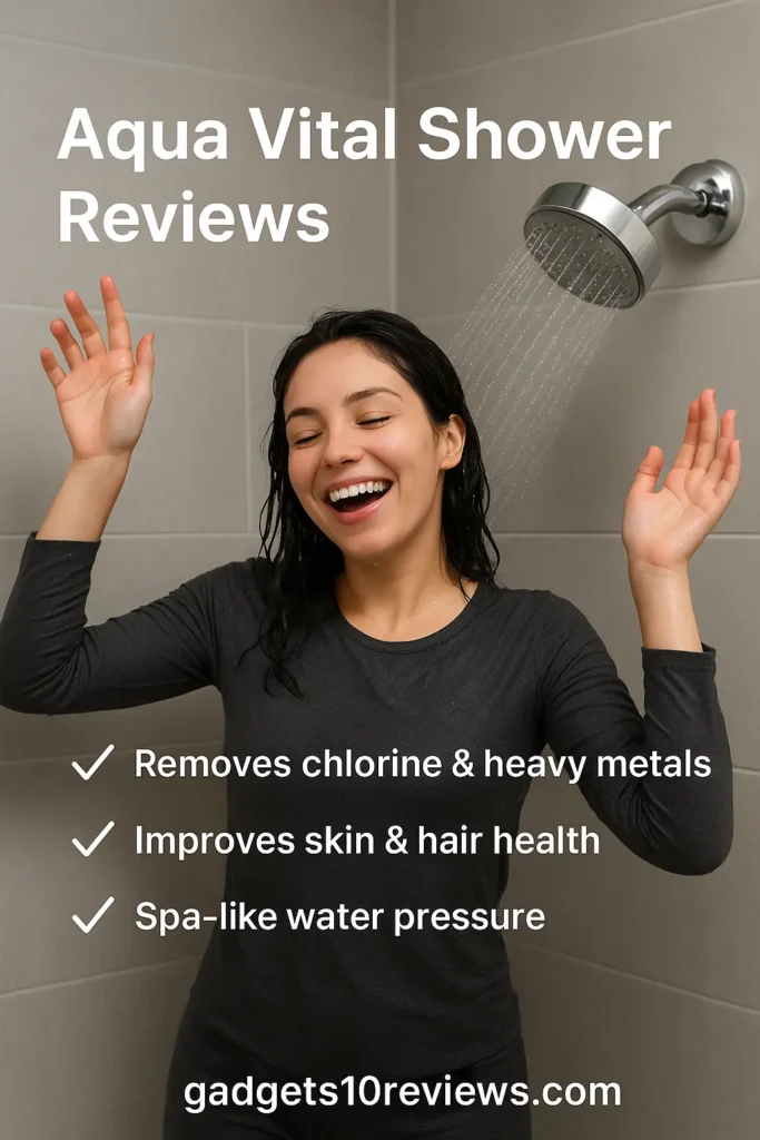 Happy woman showering fully clothed under Aqua Vital Shower, enjoying purified water with glowing skin and shiny hair – Aqua Vital Shower Reviews – benefits include chlorine removal, skin hydration, and hair restoration – gadgets10reviews.com