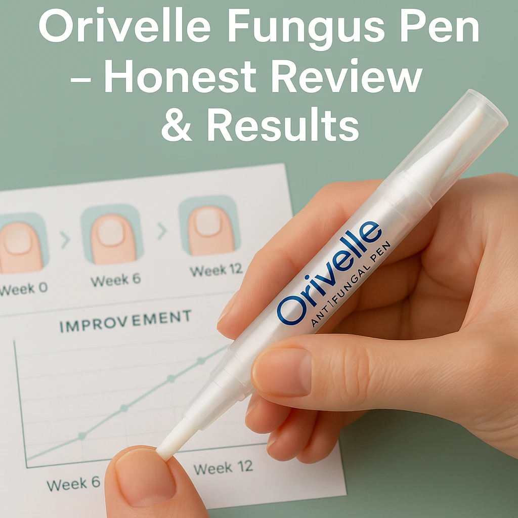Hand holding the Orivelle Fungus Pen over a nail improvement chart with product review text and gadgets10reviews.com branding.