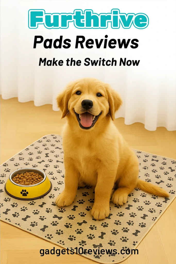 Happy golden retriever puppy sitting confidently on a Furthrive reusable dog pad beside a food bowl, promoting Furthrive Pads Reviews with the tagline ‘Make the Switch Now’ – featured on gadgets10reviews.com for eco-friendly dog training solutions.