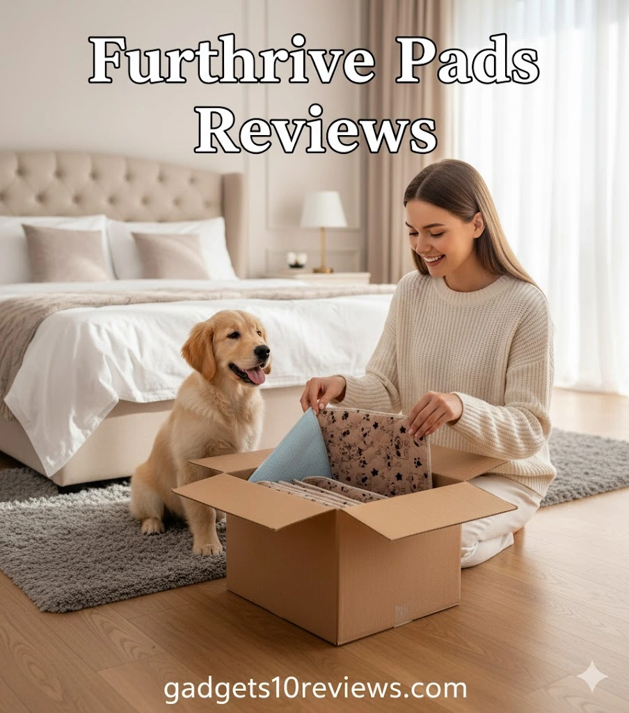 Furthrive Pads review image: a happy woman and her cute dog in a clean bedroom, unboxing pet training pads from gadgets10reviews.com.