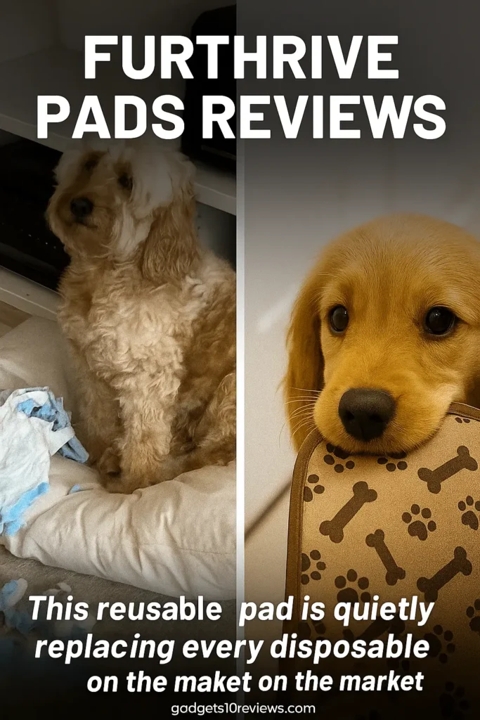 Furthrive Pads Reviews comparison showing the difference between torn disposable pee pads and a clean reusable Furthrive Pad, highlighting eco-friendly and effective dog training solution – gadgets10reviews.com